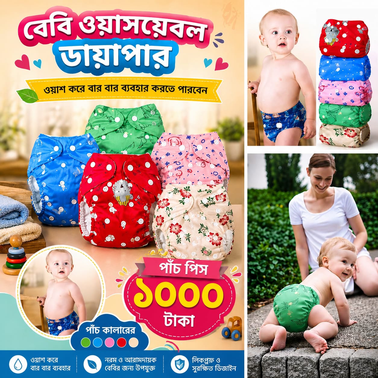 বেবি ওয়াসয়েবল ডায়াপার। প্যাড থাকবে । জিরো থেকে তিন বছর পর্যন্ত সাইজ। এবং এগুলো ফ্রি সাইজ